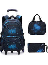6-Wheel Trolley Backpack 3-Piece Set – Stair-Climbing School Bag Black and  Blue colour